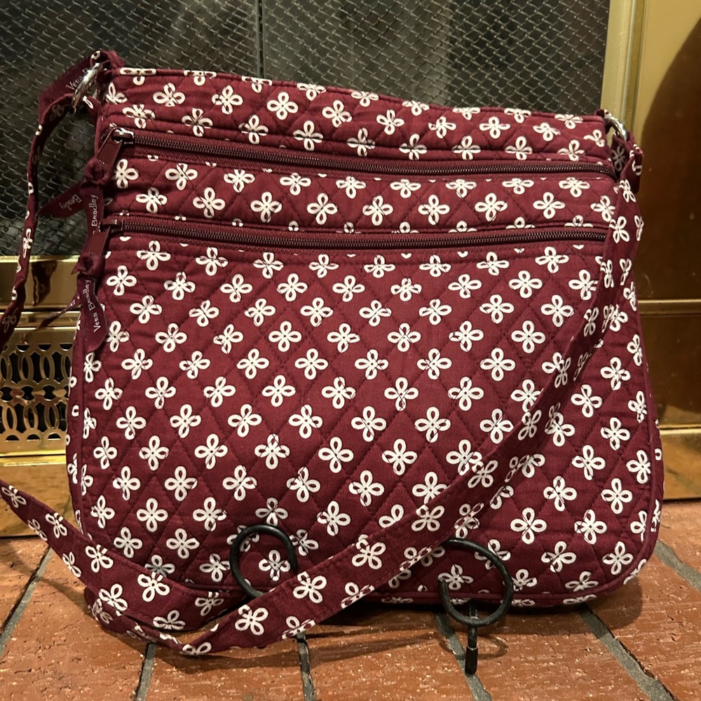 Vera Bradley Maroon/White Triple Zip  Crossbody Bag College Series